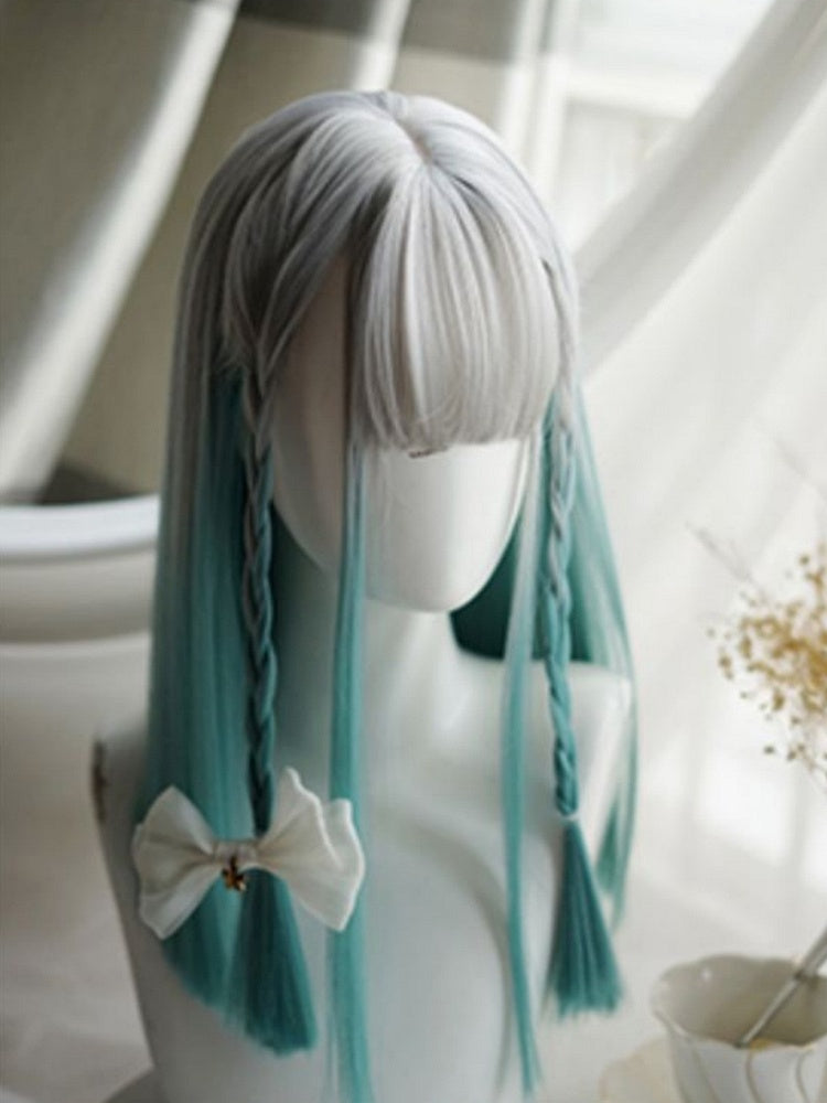 グレーグリーンのオンブレヘアカラー、バスト上の長さ、フルバングのストレートウィッグ