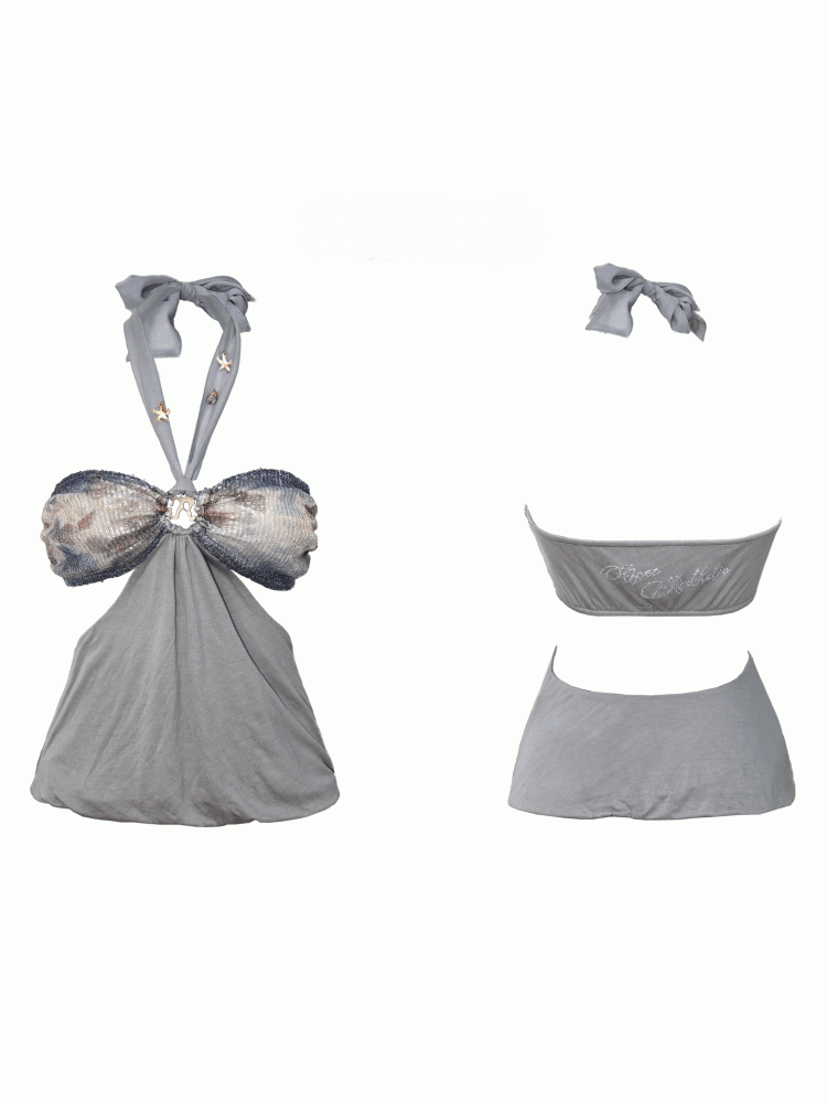 Rhinestone Ruched Sequin Gray Starfish Bralette with Top Halter Accents