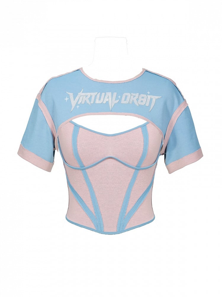Y2K Blue & Pink Round Neck Short Sleeve T-Shirt + Sleeveless Top Set - Virtual Orbit
