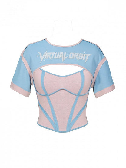 Y2K Blue & Pink Round Neck Short Sleeve T-Shirt + Sleeveless Top Set - Virtual Orbit