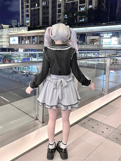 Pockets Light Jirai Skirt with Blue Kei High-Waisted Heart-Shaped Tiered