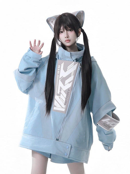 Jacket Blue Future Hooded Techwear Cyber-Style Tenshi Kaiwai Two-Piece