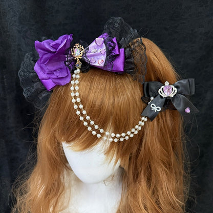 BlackPurple Design Rhinestone Two Bead Decorated Floral Hairclips Bowknot Heart Chain