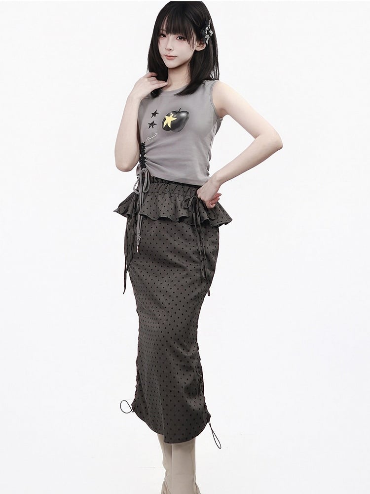 Dark Gray Polka Dot Long Skirt with Ruffle Details - PINK SAVIOR
