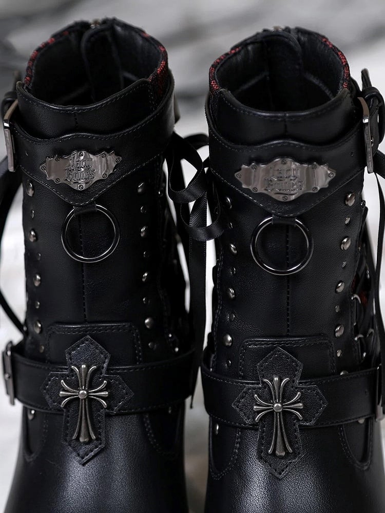 Gothic Studded High-Heel Boots with Red Sole - Lacy Bones
