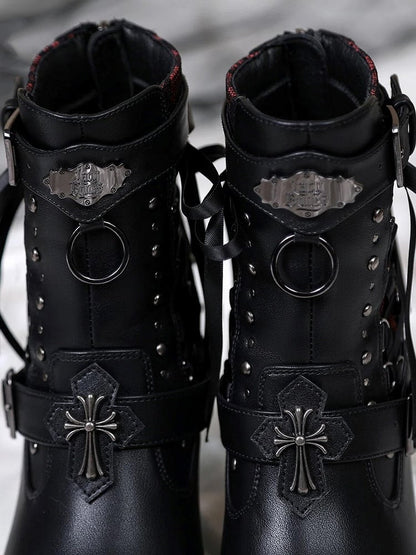 Gothic Studded High-Heel Boots with Red Sole - Lacy Bones