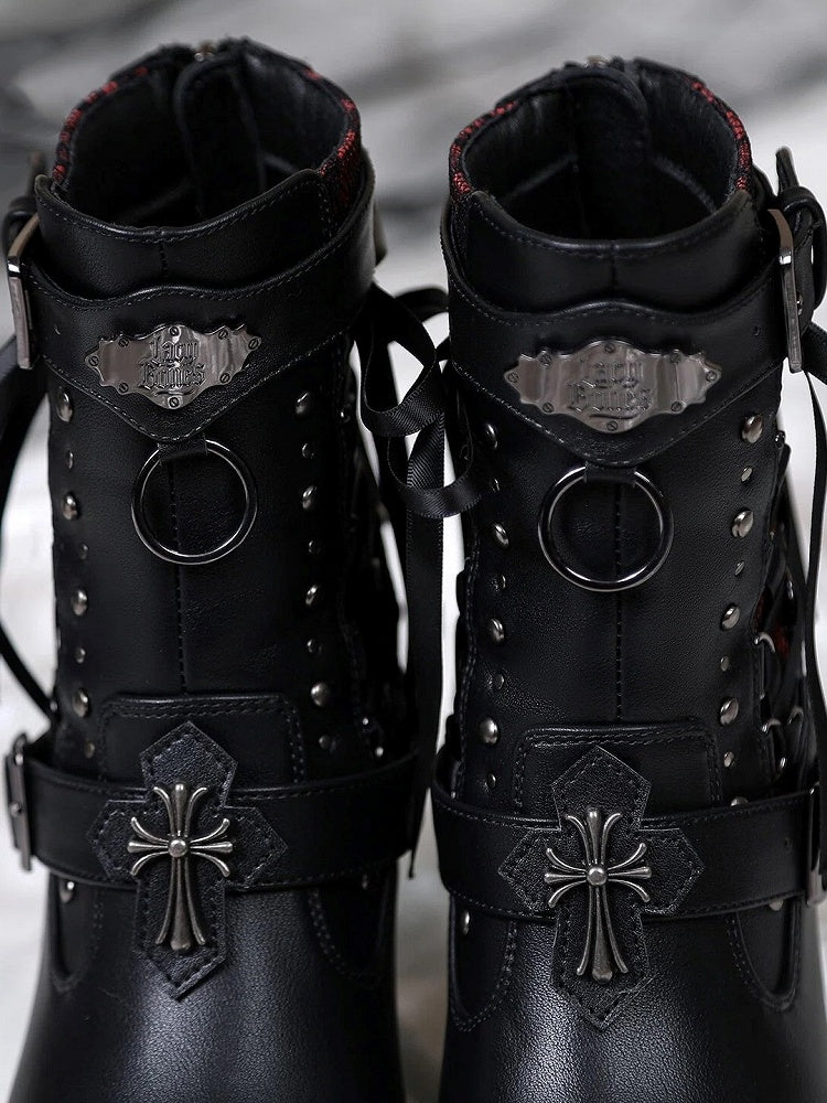 Gothic Black High-Heel Boots with Red Sole, Studs, Dual Closure & Detachable Buckles, Size 38 - Lacy Bones