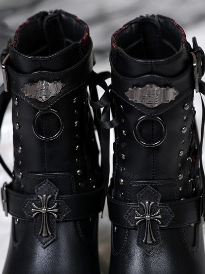 Gothic Black High-Heel Boots with Red Sole, Studs, Dual Closure & Detachable Buckles, Size 38 - Lacy Bones
