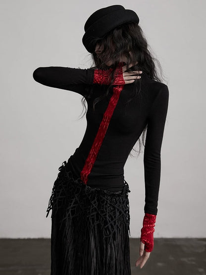 Urban Long-Sleeve Knit Black Design Red Top Goth Color-Block