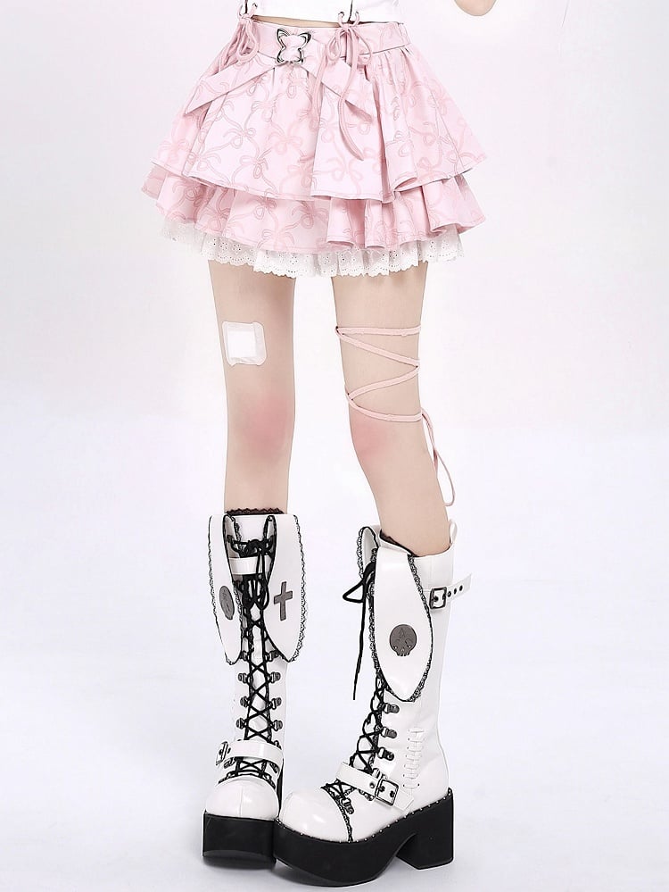 スカート 蝶結び ティアード柄 ピンク