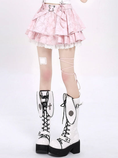 スカート 蝶結び ティアード柄 ピンク