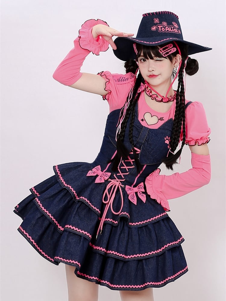 Navy Blue Lace-up Detail Sweet Bow Accents Tiered Skirt Denim Slip Dress