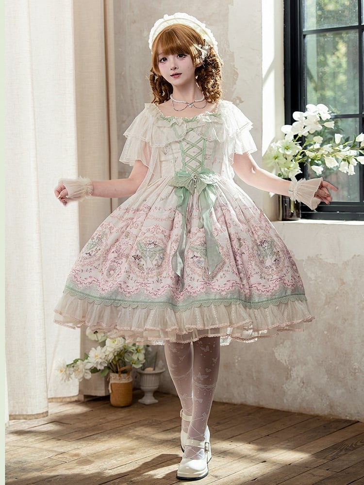 Floral Square Dress Lolita Elegant Moth Green and with Details Neckline Lace Pink Print