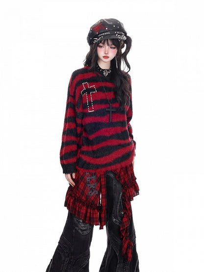 Knit Cross Black Sweater Striped Punk Pattern Red With Light