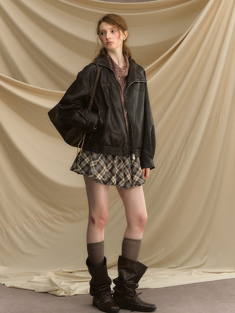 Mini Plaid Skirt Vintage Brown/Gray A-Line
