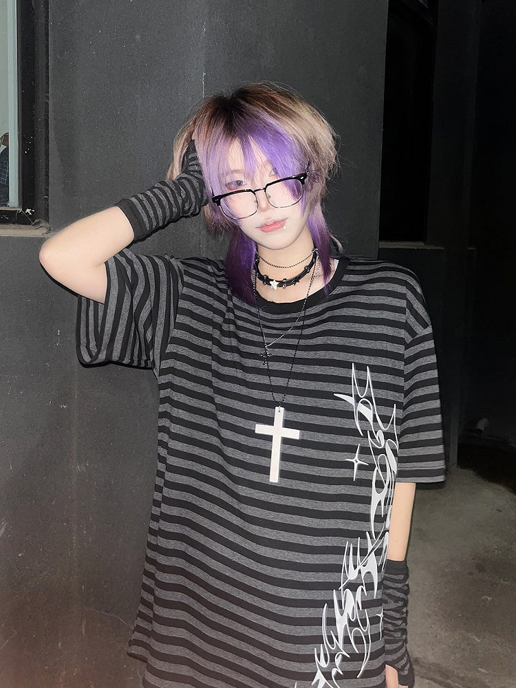 Print Decorative T-Shirt Chic Black with Gray Striped