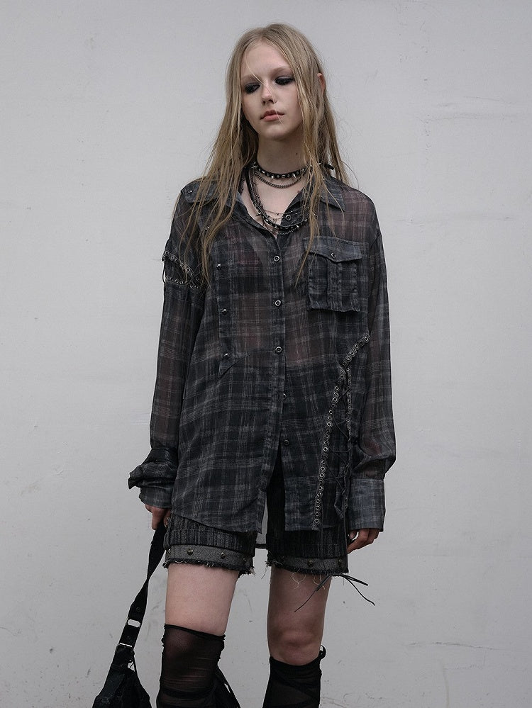 Side Laces Shirt Punk Chiffon with Gray Plaid Cross-Tie Slits