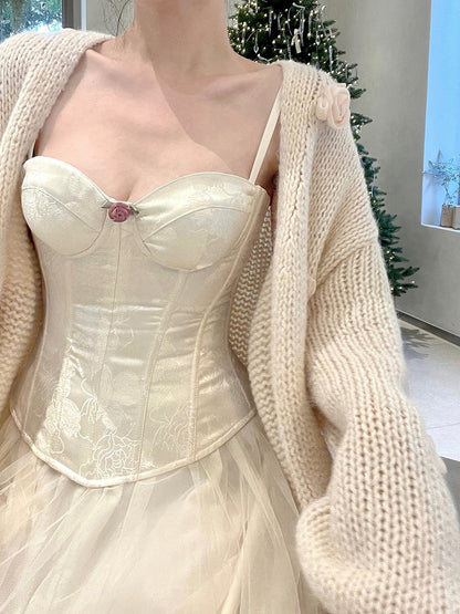 Abnehmbare Schultergurte, Korsett-Oberteil aus Rosettenstoff mit Stäbchen