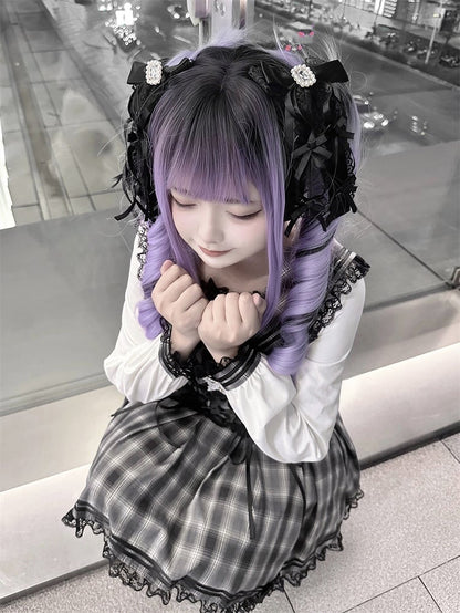 White Gray Kei Long Plaid Collar Sleeves Sailor Blouse Jirai with Bunny-Ear