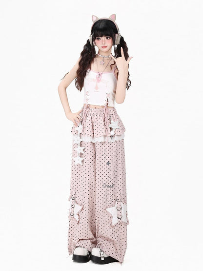 Sweet Cool Style Pink Polka Dot Straight Leg Pants with Skirt Overlay & Star Patches - CRAZY GIRL