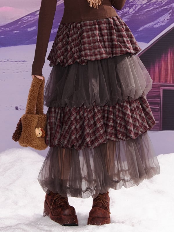 Grey Purple Plaid Patchwork Tiered Tulle Bubble Skirt