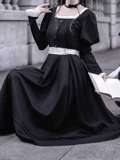 Sleeves Black Square Vintage Neck Midi Dress Elegant Juliet