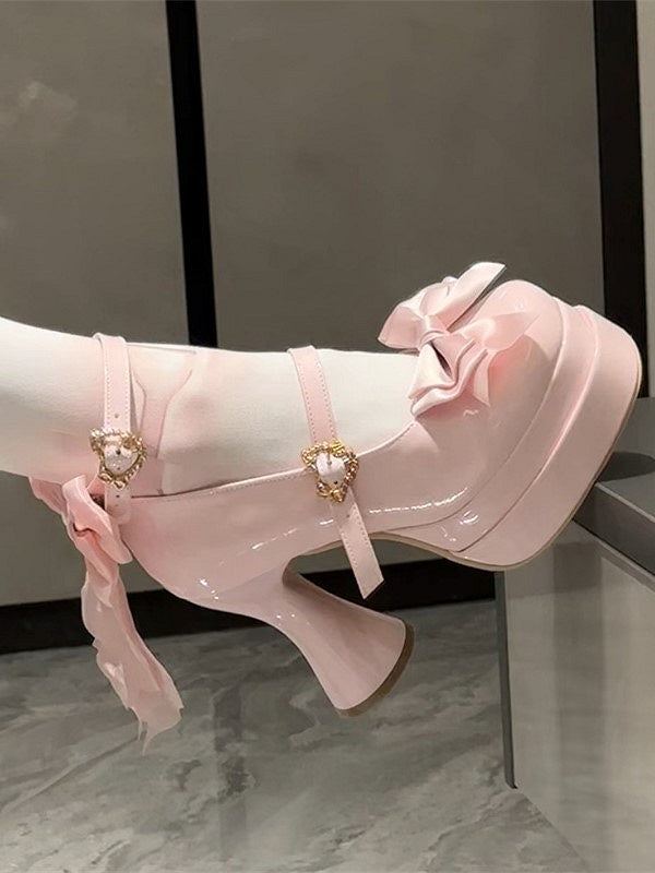 Sweet High-heel PU Top Pink at with Bow Janes Light Lolita Mary Platform