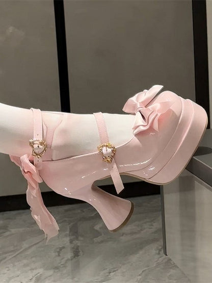 Sweet High-heel PU Top Pink at with Bow Janes Light Lolita Mary Platform
