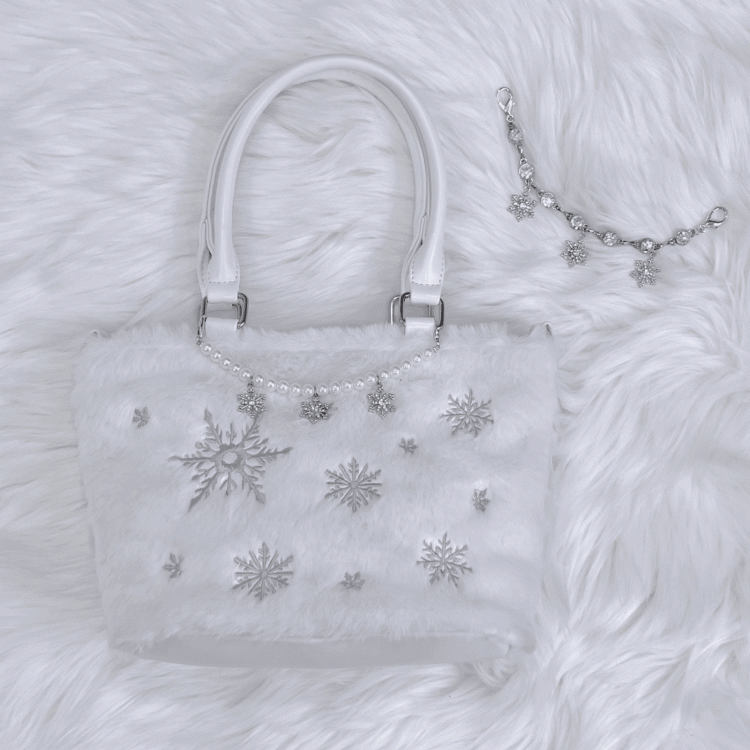 with Silver Tote / Rhinestone Chain Snowflake Embroidered Plush Bag Beaded Chain