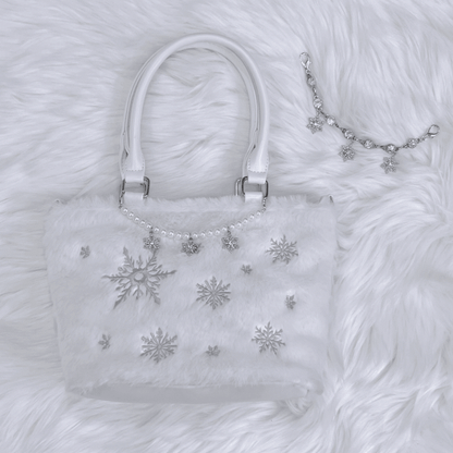 with Silver Tote / Rhinestone Chain Snowflake Embroidered Plush Bag Beaded Chain
