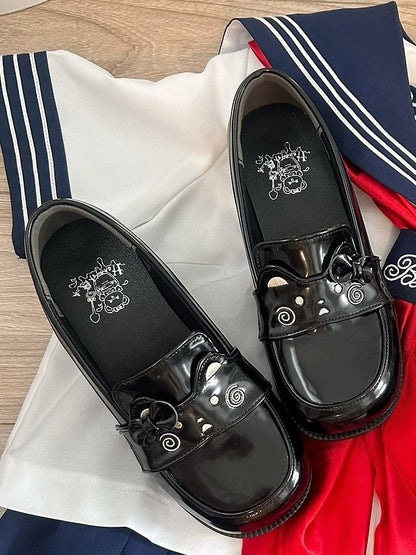 PU Black Loafers in Preppy Style with Bear Theme & Bow Decor