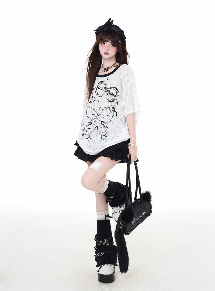 バックリボンプリント ビッグバックレスTシャツ リボン ホワイト セミシアー