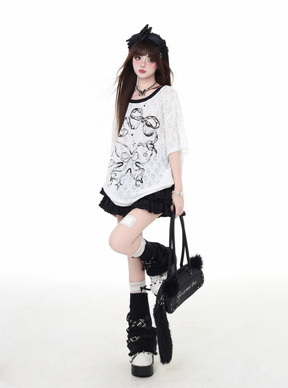 バックリボンプリント ビッグバックレスTシャツ リボン ホワイト セミシアー