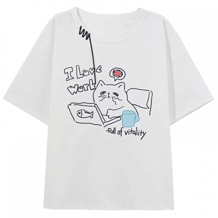 White Round Neck Kitty Print Loose T-Shirt