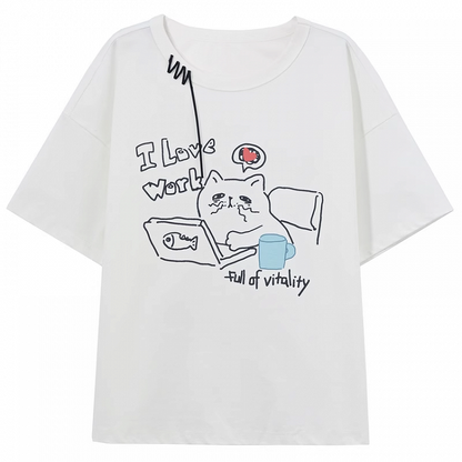 ホワイトラウンドネックキティプリントルーズTシャツ