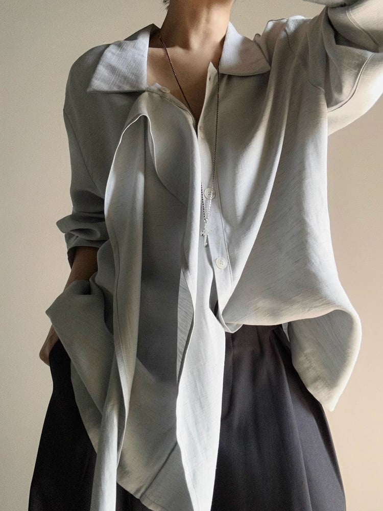 Retro Light Ouji Long with Shirt Cuff Lolita Pointed Ribbon Draping Button Blue Collar