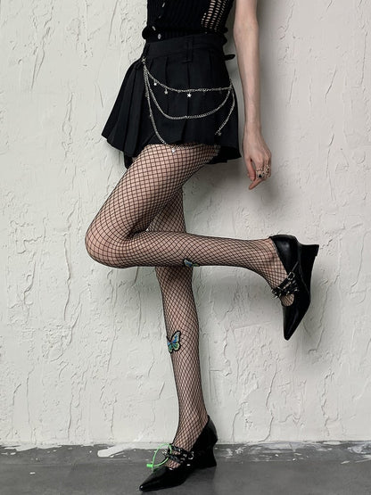 Appliques Tights Fishnet Y2K Black Butterfly With Design Cut-out