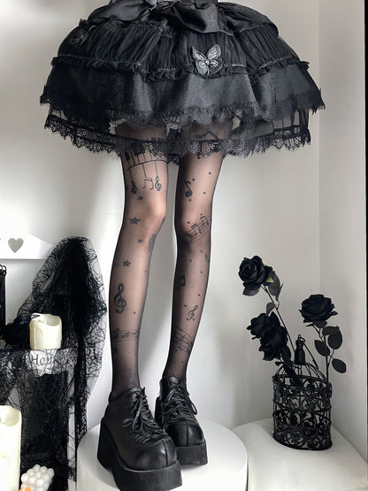 Pantyhose Semi-sheer Print Note Musical Nude / Black
