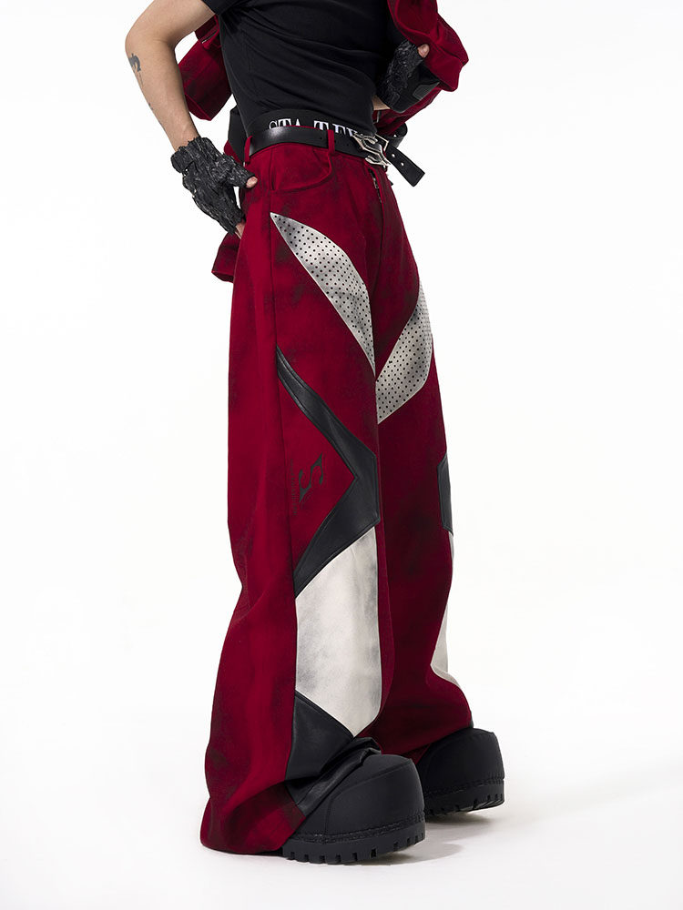 Design Leather Wide-leg Panel Pants Men's Red with