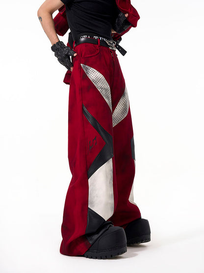 Design Leather Wide-leg Panel Pants Men's Red with