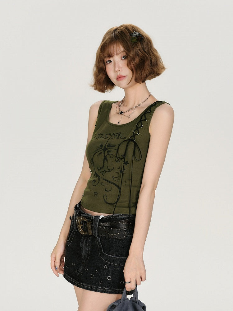 Retro Striped Patchwork Green Lace Up Top - Girlyhalo