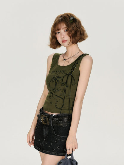 Retro Striped Patchwork Green Lace Up Top - Girlyhalo