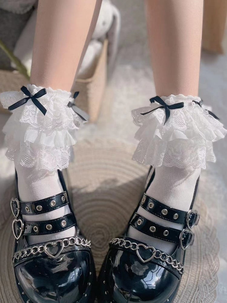 Black/White Cuff Bow Socks Lace Three-layered