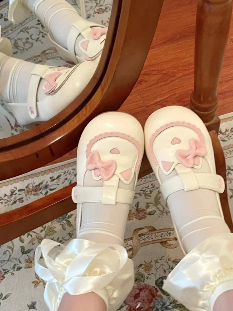 Flat T- with Beige Cat Paw Cute Lolita Strap Embroidered Sweet Kitty Shoes