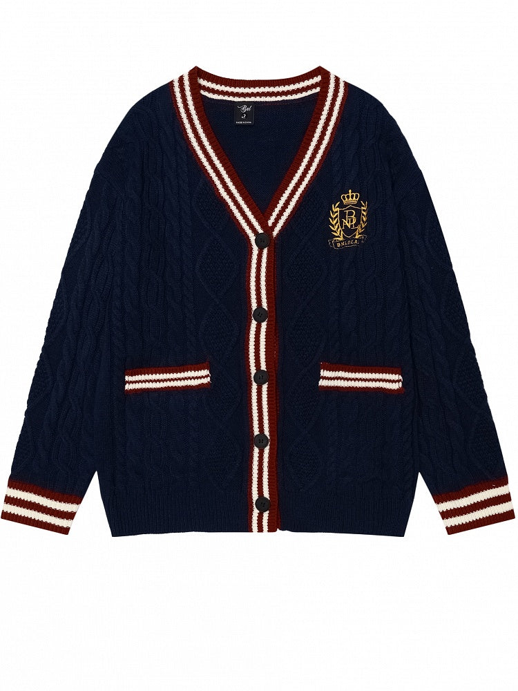 Christmas Red V-neck Preppy Loose Cardigan Contrast Striped Trim