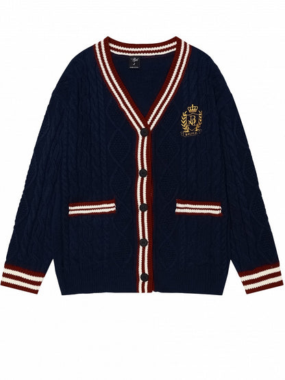 Christmas Red V-neck Preppy Loose Cardigan Contrast Striped Trim