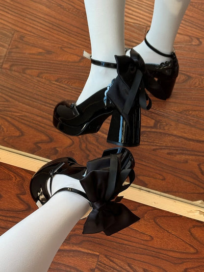 Jane Removable Shoes Black Mary 7.5cm Lolita Details Bow with Elegant Heel Toe Round