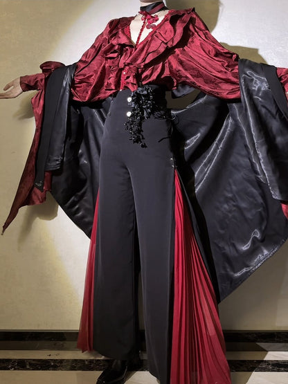 Wide-leg Ouji Pants Red Fashion Panel Black 110cm Pleated ( Extended ) High With Length Waist Chiffon