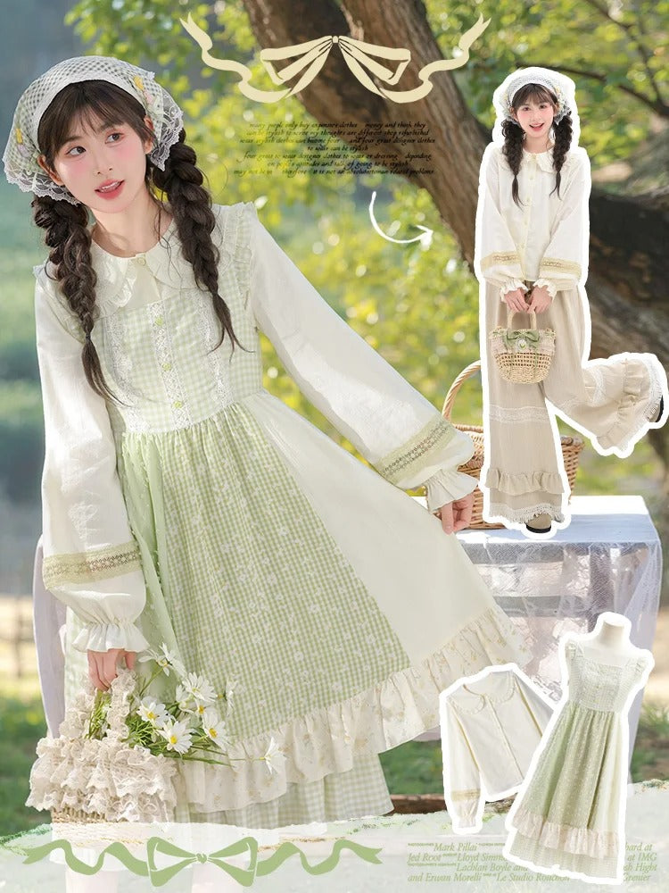 Light Sleeves	Tiered Mori Kei Green Plaid Flutter Skirt Sleeveless Dress