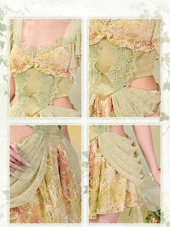 Green Fairycore Mori Lace A-Line Sleeveless Cut-out Dress - Virtual Orbit